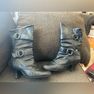 leather boot with small heel, silver strap claps Comfortable fashionable